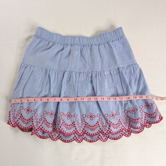 Vineyard Vines Blue Chambray Red Scalloped Eyelet Embroidered Tiered Mini Skirt - Picture 5 of 7